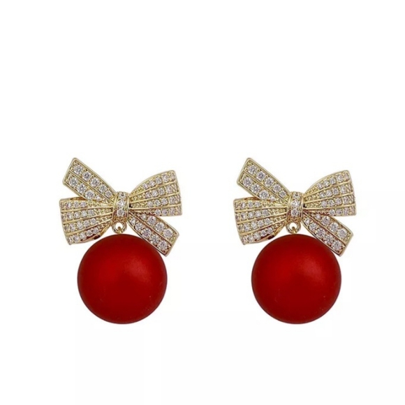 Red and Gold Holiday Christmas Bow Rhinestone Dangle Drop Earrings - Picture 5 of 11